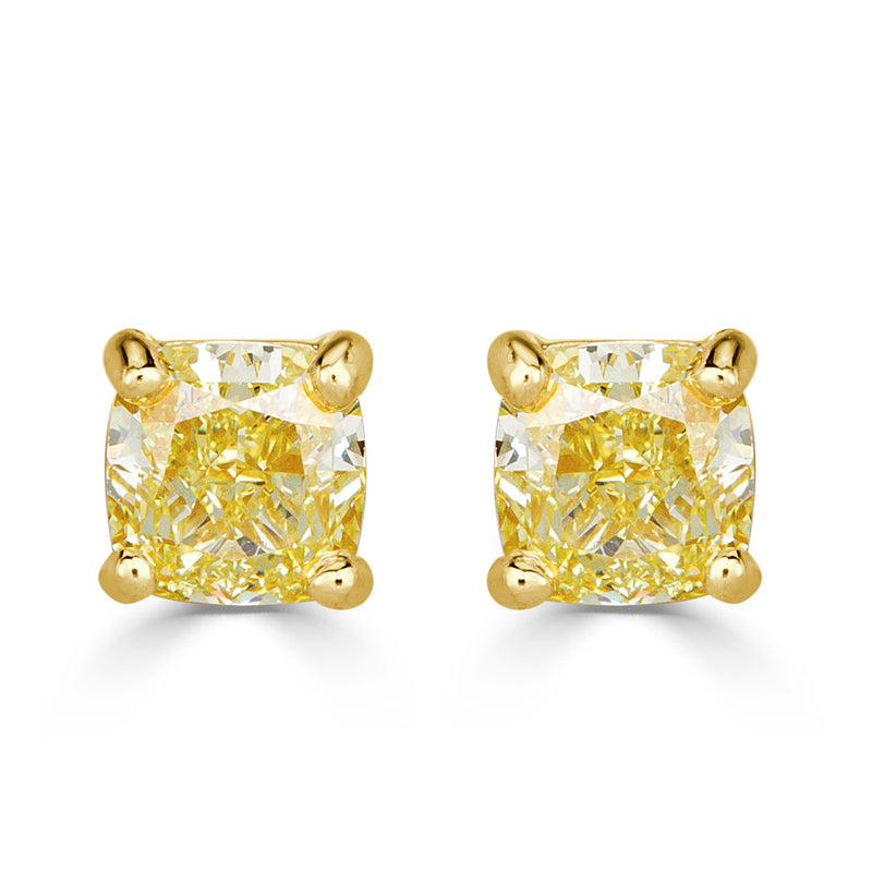 1.20ct Fancy Intense Yellow Cushion Cut Diamond Stud Earrings