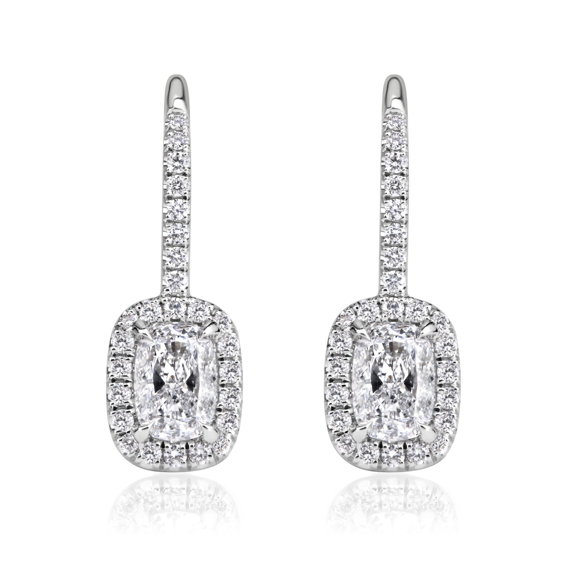 1.25ct Cushion Cut Diamond Halo Dangle Earrings in 18K White Gold