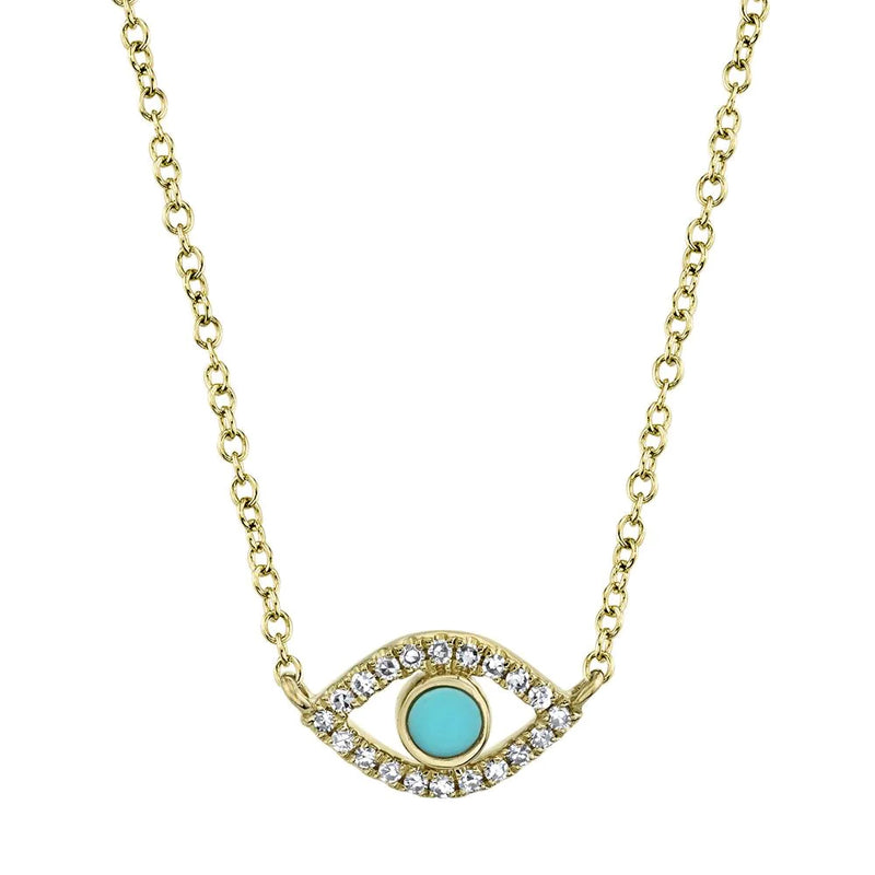 0.13ct Turquoise and Diamond Evil Eye Necklace in 14k Yellow Gold