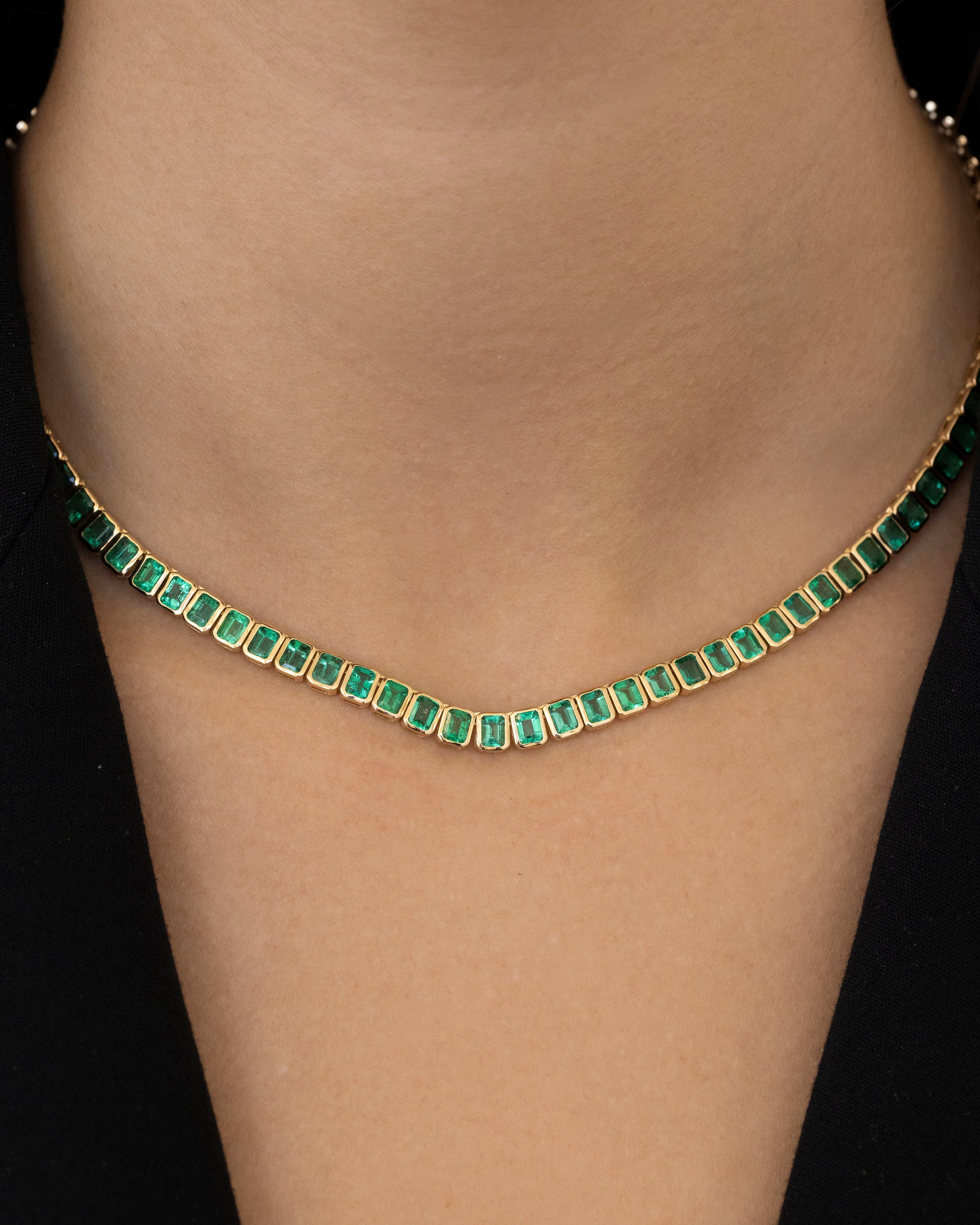 12.52ct Emerald Cut Green Emerald Bezel Set Tennis Necklace