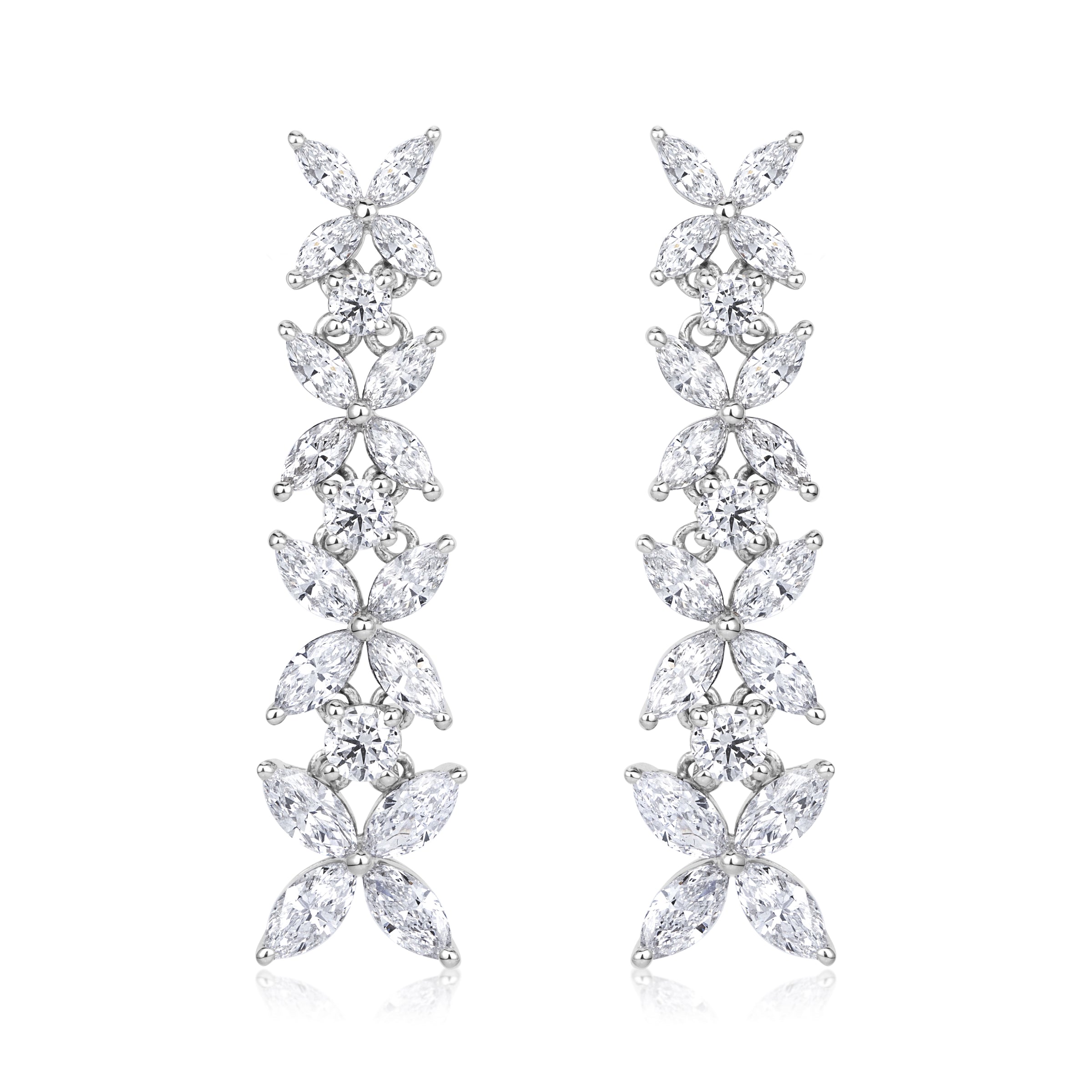3.86ct Marquise Cut and Round Brilliant Cut Diamond Floral Dangle Earrings in 18K White Gold