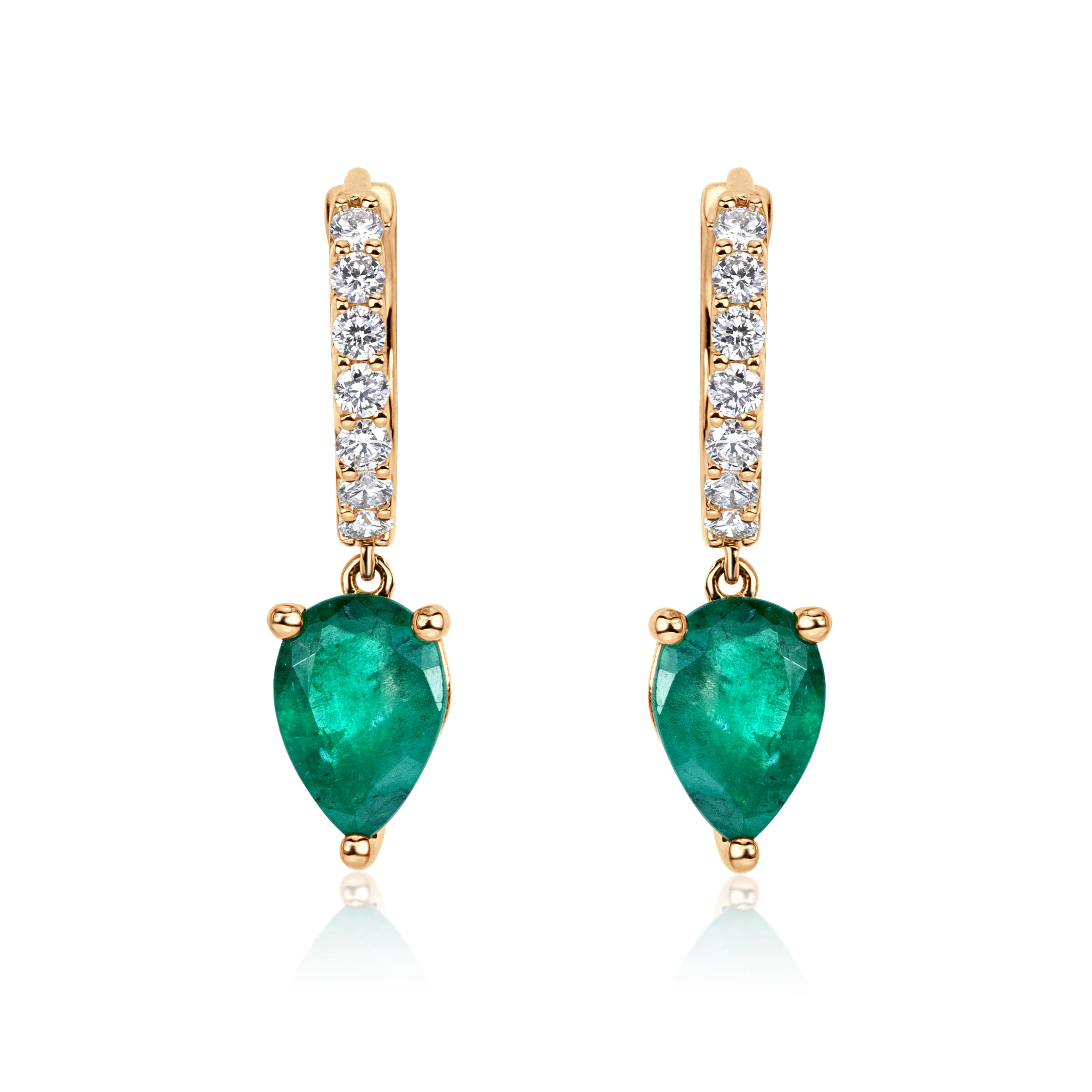 2.08ct Green Emerald and Diamond Dangle Huggie Earrings in 18K Yellow Gold