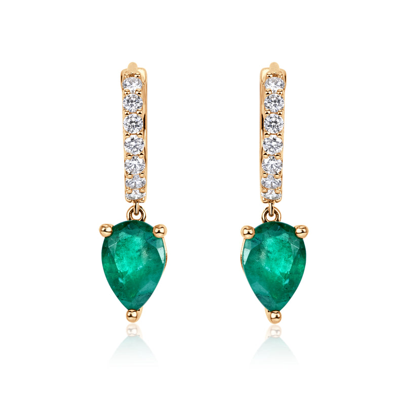 2.08ct Green Emerald and Diamond Dangle Huggie Earrings in 18K Yellow Gold