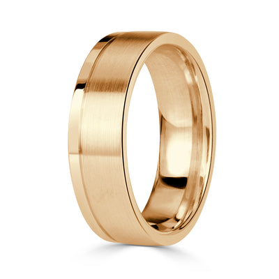 Men's Off-Centered Groove Half Satin Wedding Band in 14K Yellow Gold 6.0mm