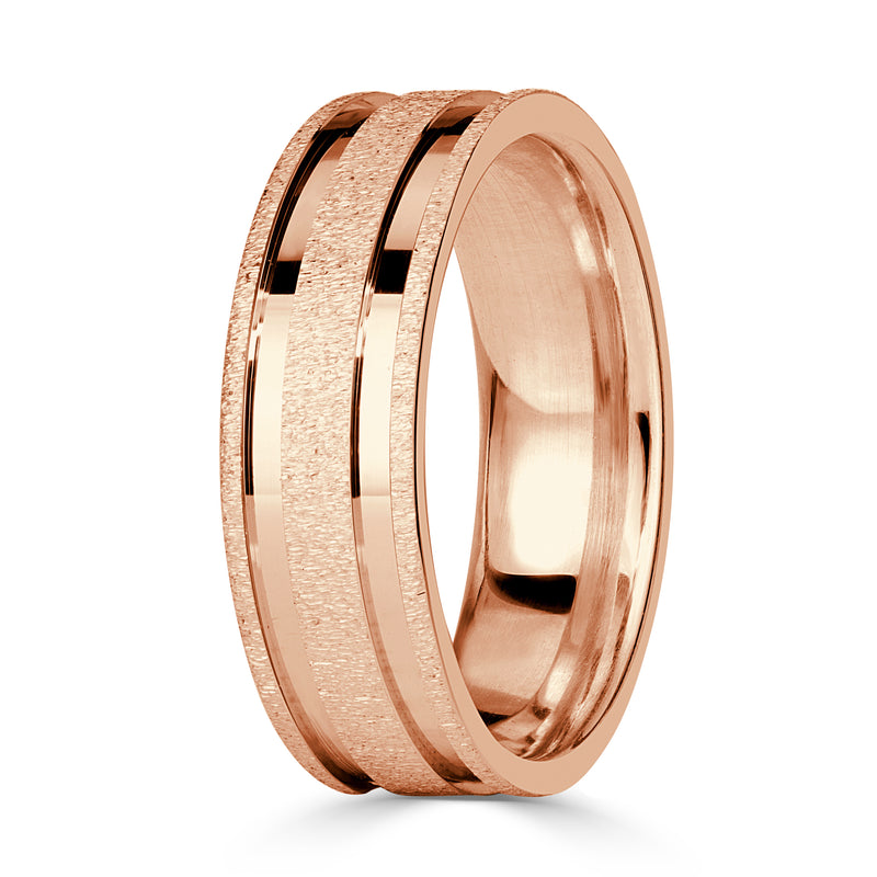 Men's Gooved Stone Finished Wedding Band in 14k Rose Gold 6.0mm