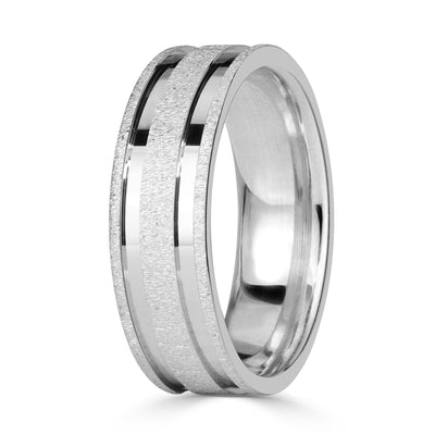 Men's Gooved Stone Finished Wedding Band in 18k White Gold 6.0mm