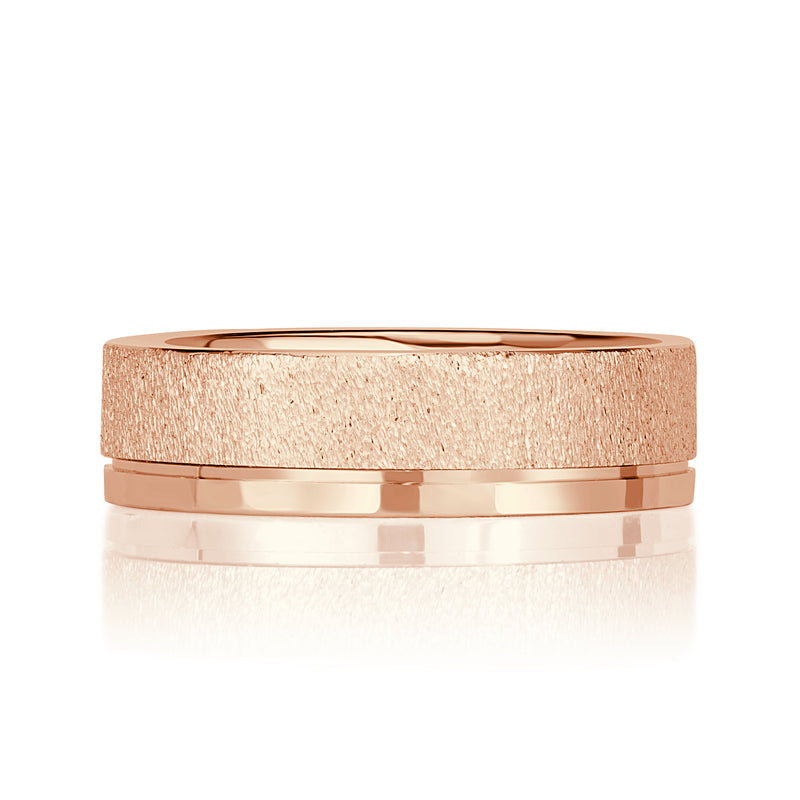 Men's Off-Centered Groove Stone Finished Wedding Band in 14k Rose Gold 6mm