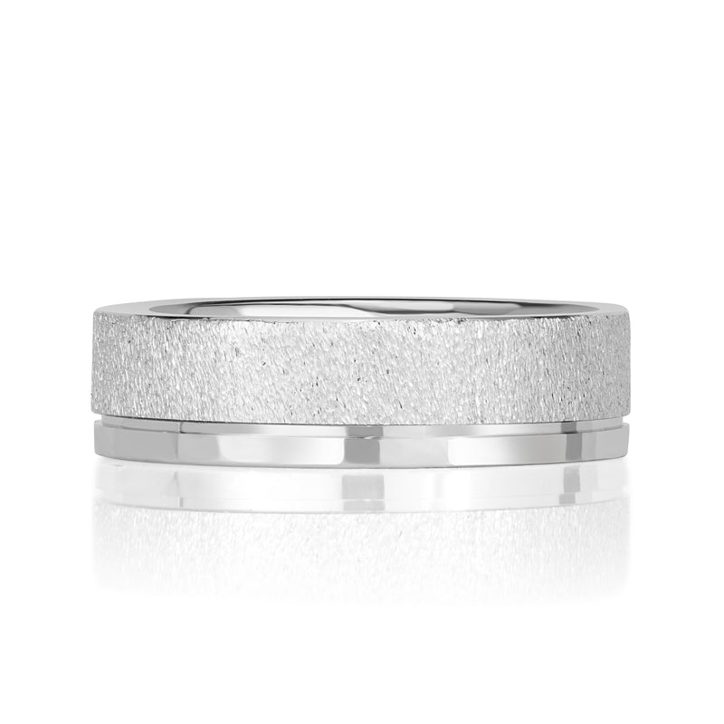 Men's Off-Centered Groove Stone Finished Wedding Band in 18k White Gold 6mm