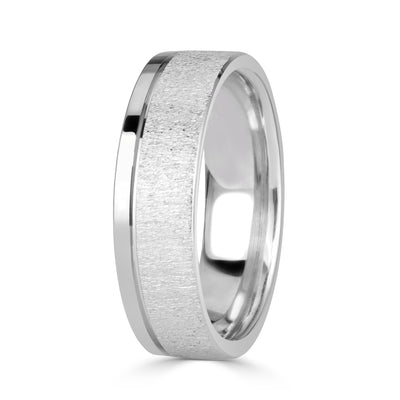 Men's Off-Centered Groove Stone Finished Wedding Band in 18k White Gold 6mm