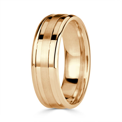 Men's Grooved Half Satin Finish Wedding Band in 14K Yellow Gold 6mm
