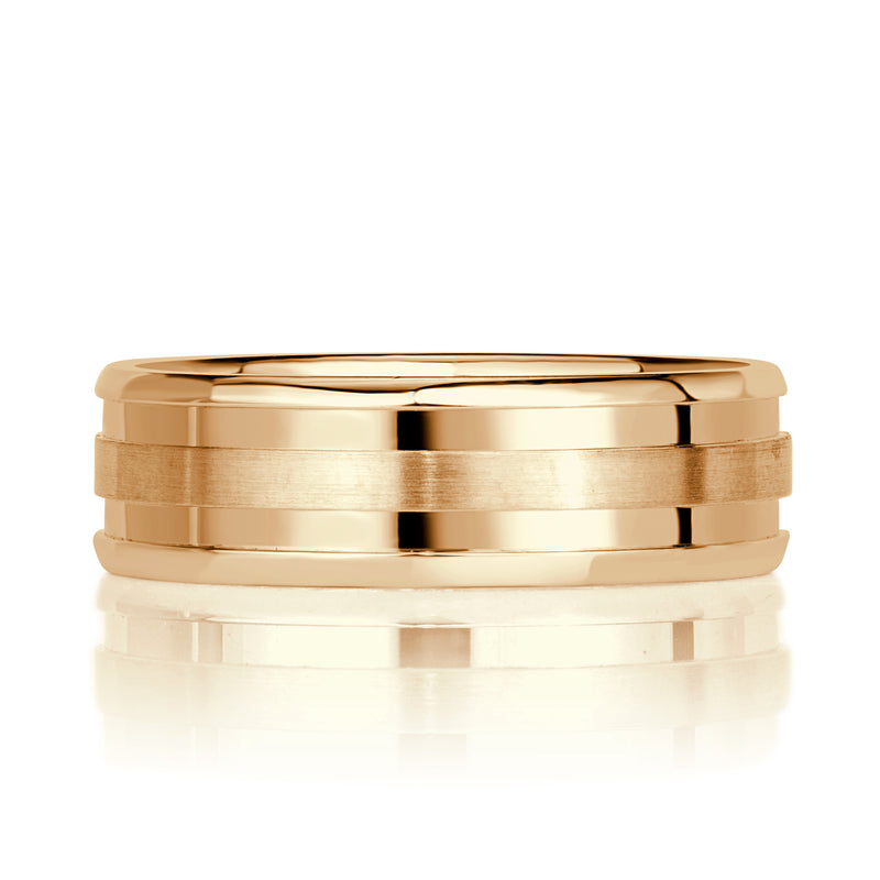 Men's Grooved Half Satin Finish Wedding Band in 18K Yellow Gold 6.0mm