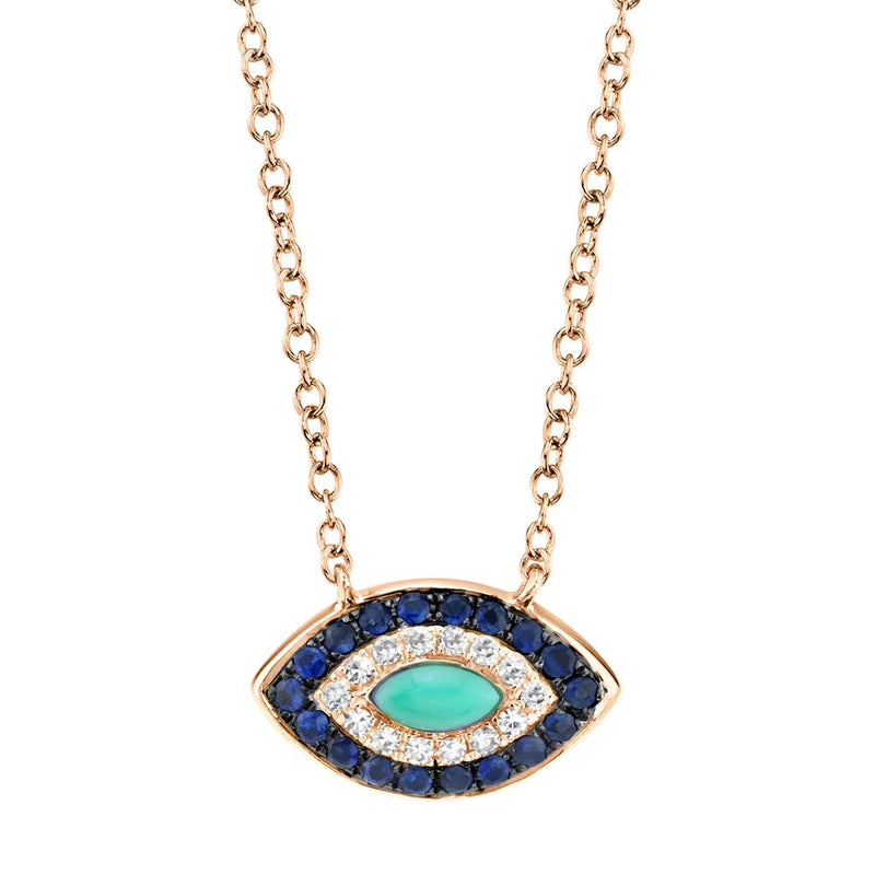 0.25ct Blue Sapphire, Diamond and Turquoise Evil Eye Necklace in 14K Rose Gold