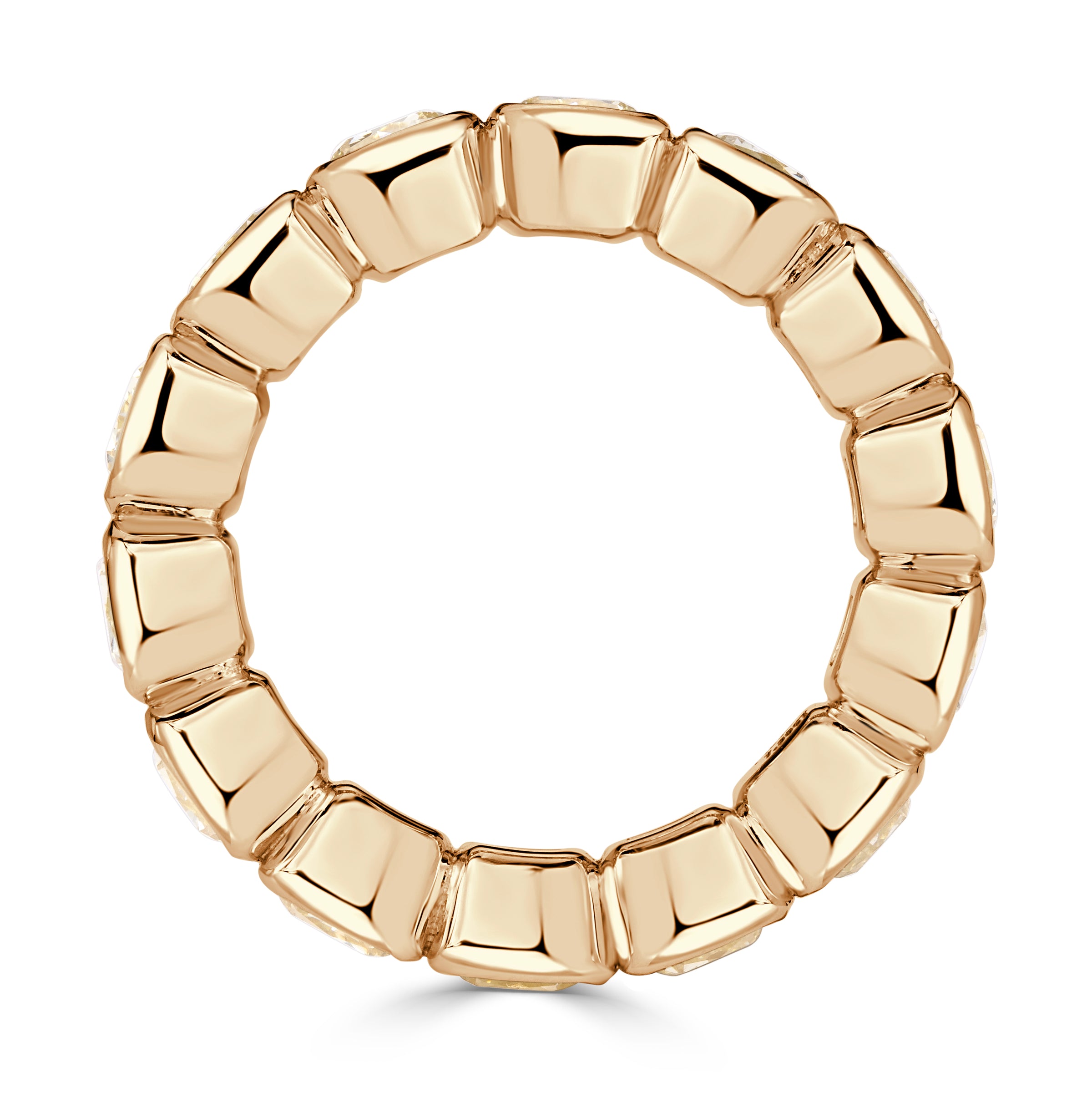 7.56ct Fancy Yellow Cushion Cut Diamond Bezel Set Eternity Band in 18K Yellow Gold