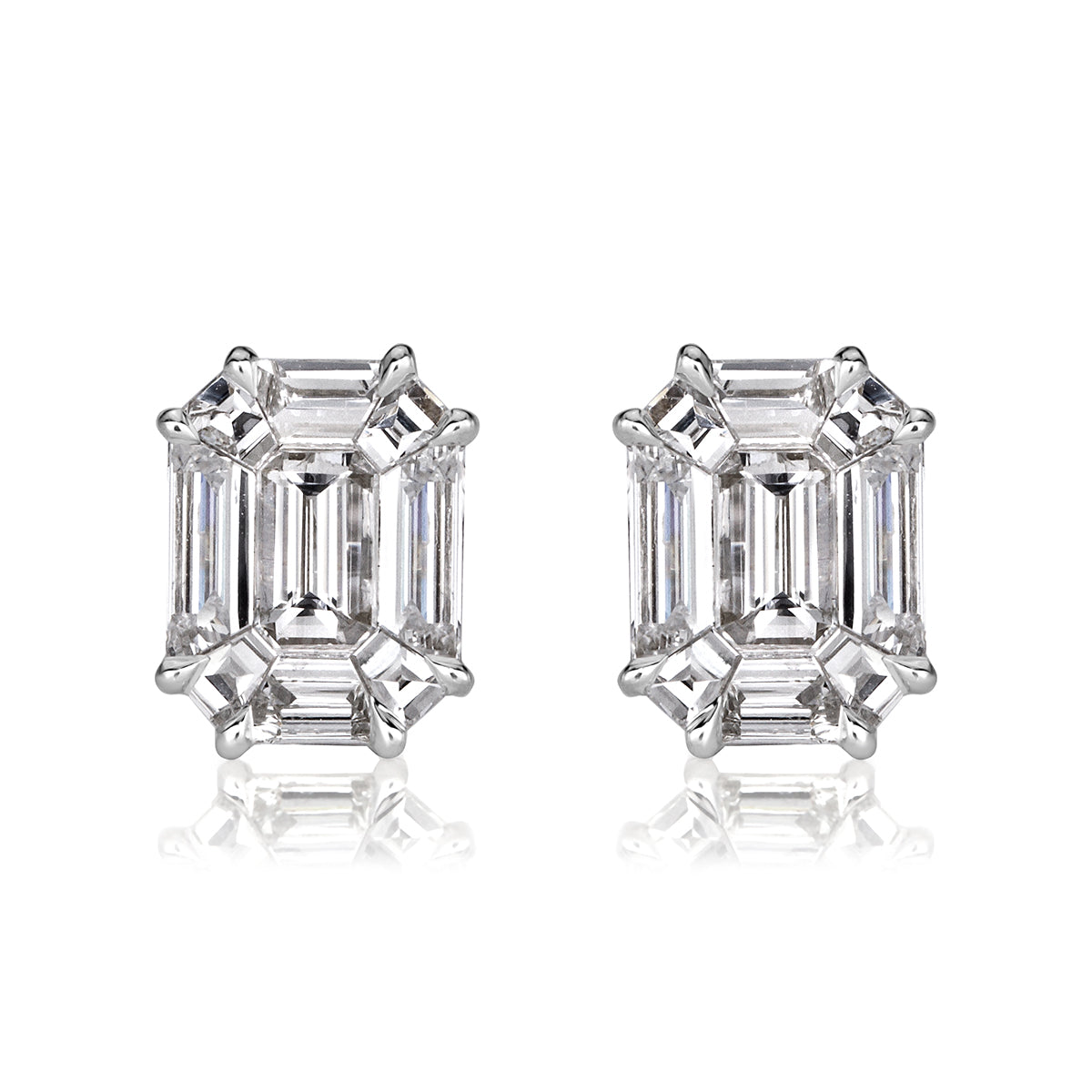 2.60ct Emerald Cut Mosaic Diamond Stud Earrings in 18K White Gold