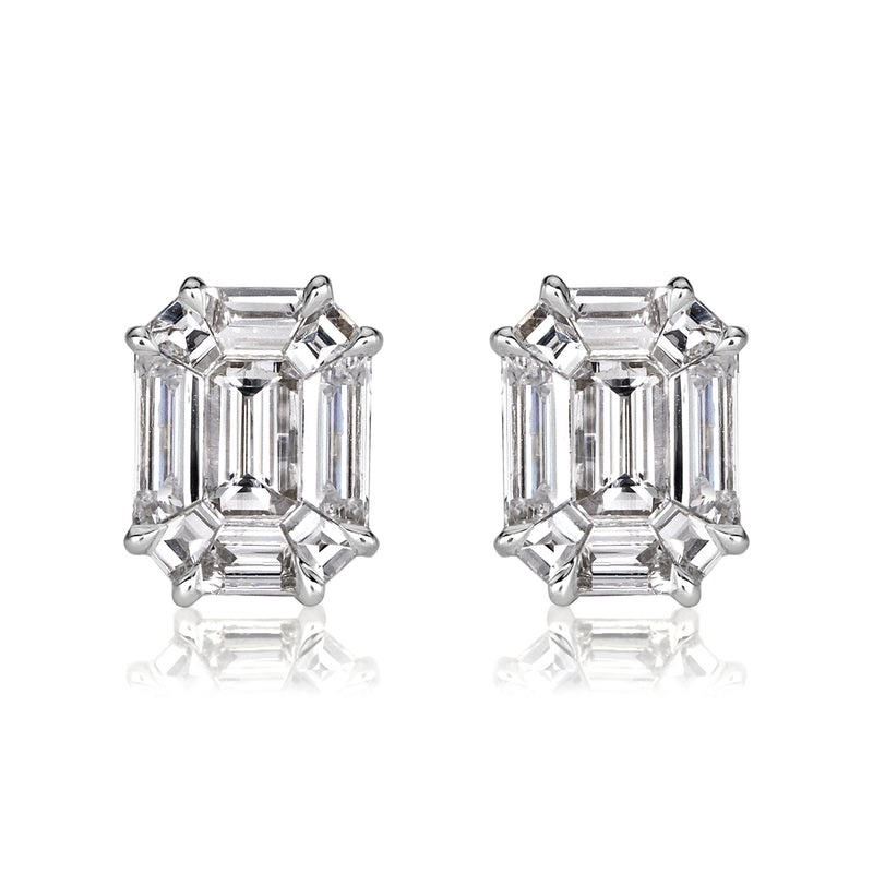 2.60ct Emerald Cut Mosaic Diamond Stud Earrings in 18K White Gold