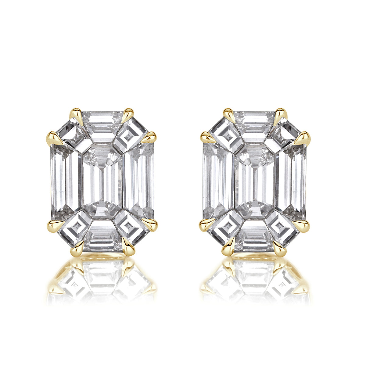 2.60ct Emerald Cut Mosaic Diamond Stud Earrings in 18K Yellow Gold