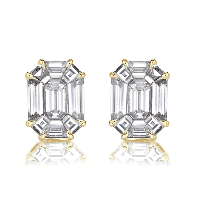 2.60ct Emerald Cut Mosaic Diamond Stud Earrings in 18K Yellow Gold