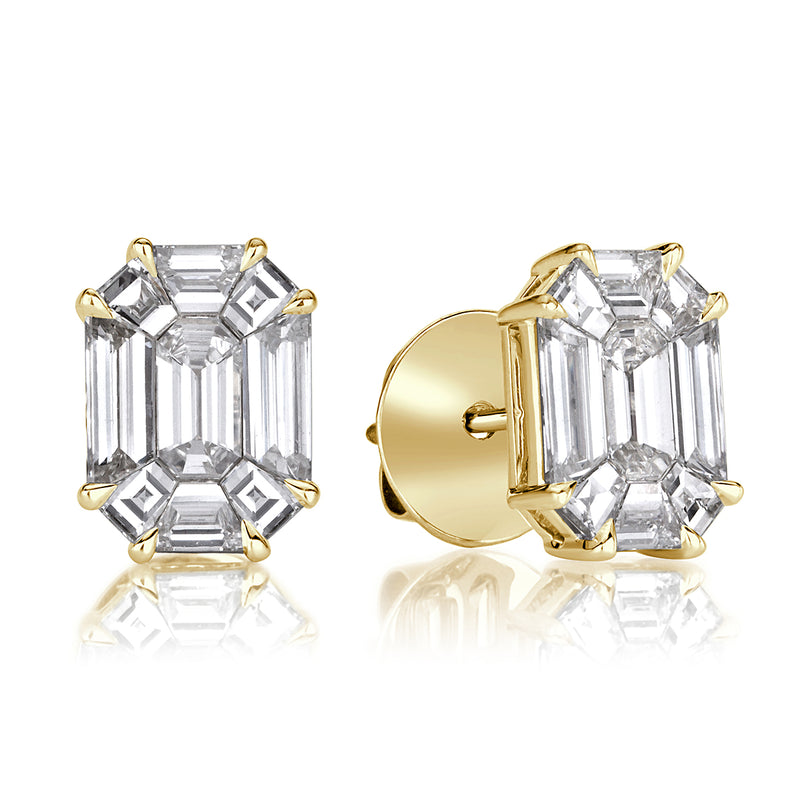 2.60ct Emerald Cut Mosaic Diamond Stud Earrings in 18K Yellow Gold