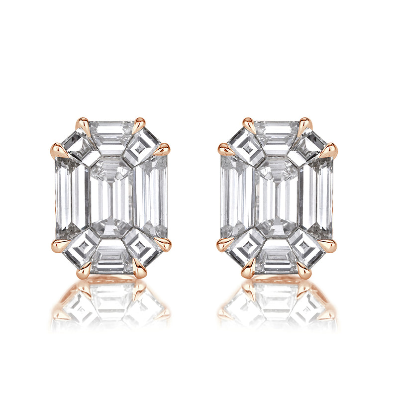 2.60ct Emerald Cut Mosaic Diamond Stud Earrings in 18K Rose Gold