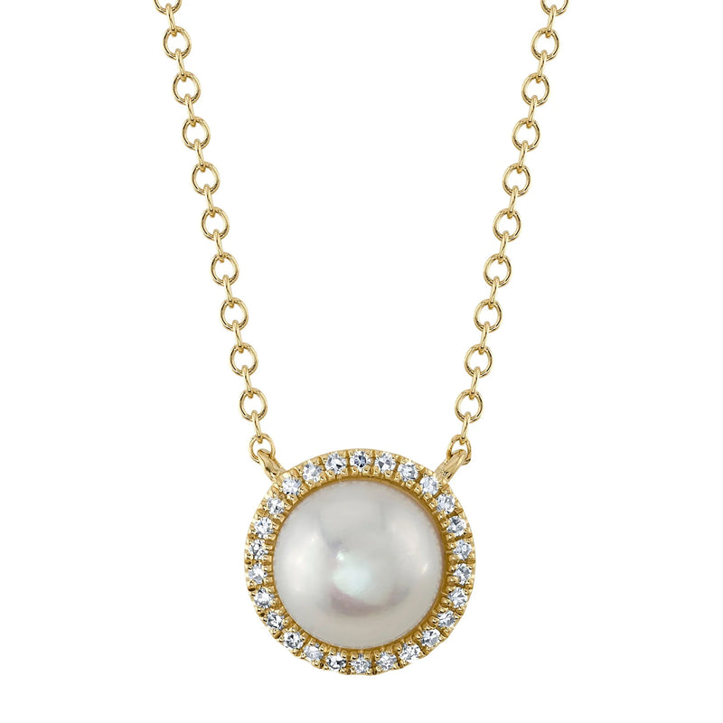 0.08ct Round Brilliant Cut Diamond & Pearl Necklace in 14K Yellow Gold