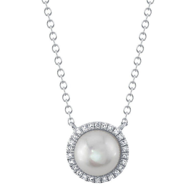 0.08ct Round Brilliant Cut Diamond & Pearl Necklace in 14K White Gold