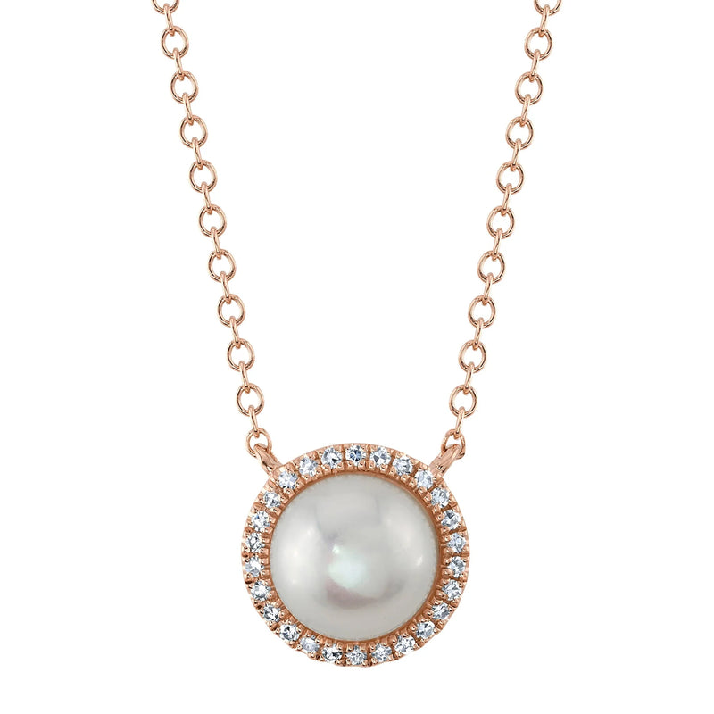 0.08ct Round Brilliant Cut Diamond & Pearl Necklace in 14K Rose Gold