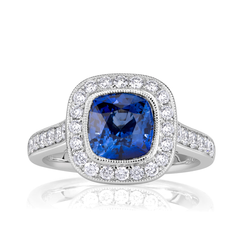 2.92ct Cushion Cut Blue Sapphire Engagement Ring