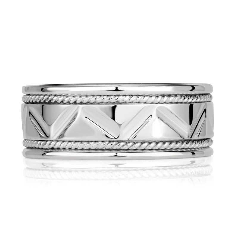 Men's Handcrafted Zigzag Wedding Band in 14K White Gold at 8.5mm