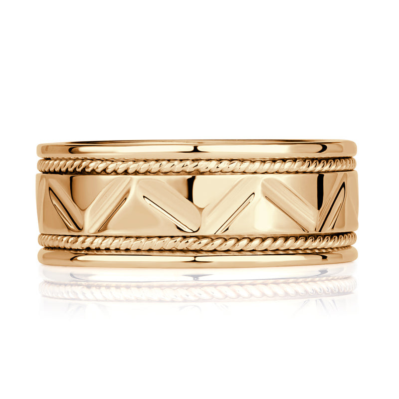 Men's Handcrafted Zigzag Wedding Band in 18k Yellow Gold at 8.5mm