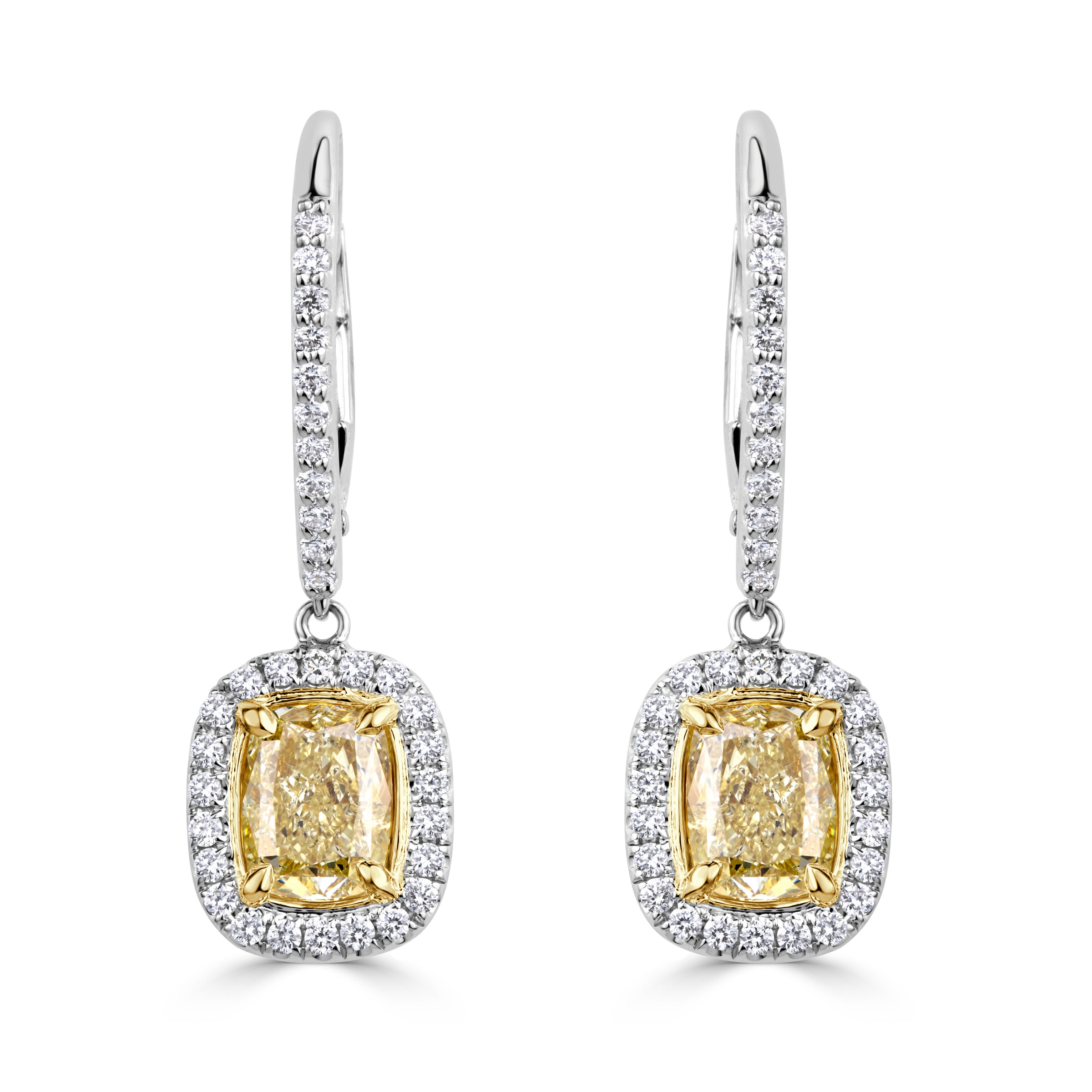 2.39ct Fancy Yellow Cushion Cut Diamond Dangle Earrings