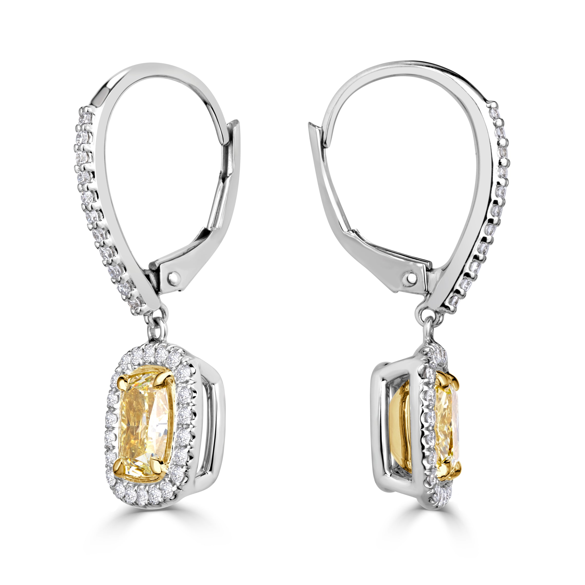 2.39ct Fancy Yellow Cushion Cut Diamond Dangle Earrings