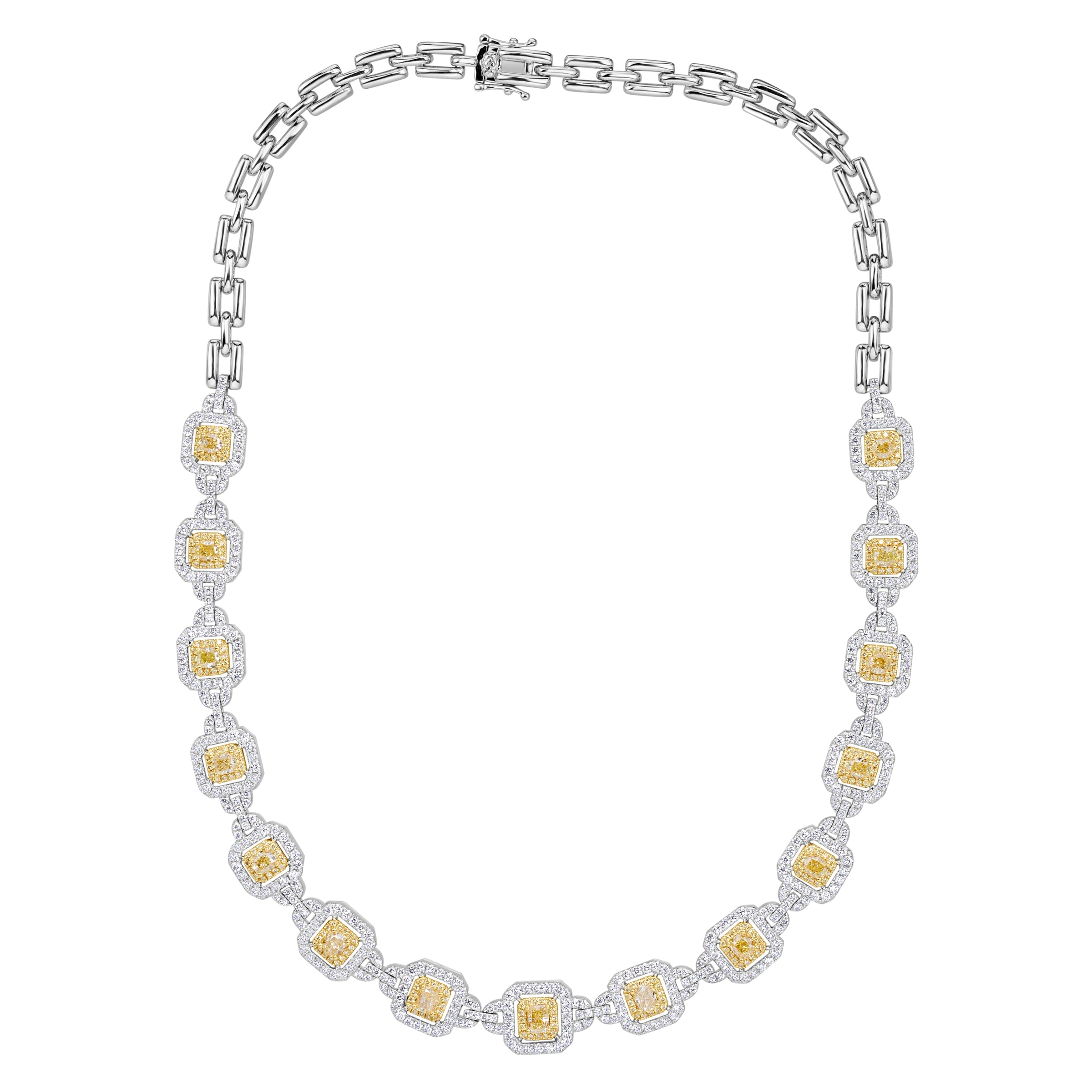 10.84ct Fancy Yellow Cushion and Round Brilliant Cut Diamond Necklace in 18K White Gold