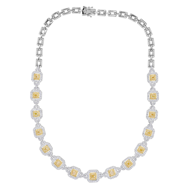 10.84ct Fancy Yellow Cushion and Round Brilliant Cut Diamond Necklace in 18K White Gold