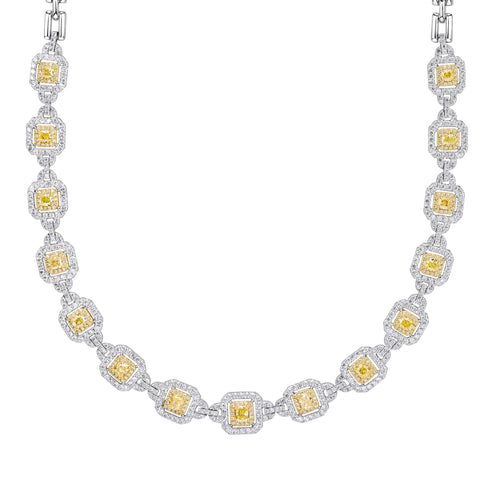 10.84ct Fancy Yellow Cushion and Round Brilliant Cut Diamond Necklace in 18K White Gold