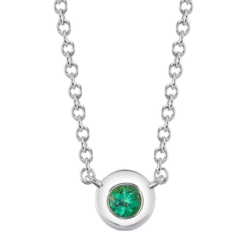 0.04ct Round Brilliant Cut Green Emerald Bezel Necklace in 14k White Gold