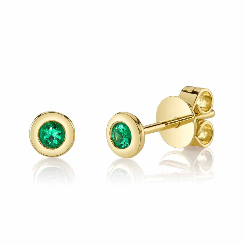 0.08ct Round Brilliant Cut Green Emerald Bezel Stud Earrings in 14k Yellow Gold