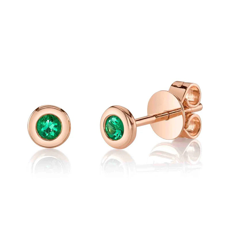 0.08ct Round Brilliant Cut Green Emerald Bezel Stud Earrings in 14k Rose Gold