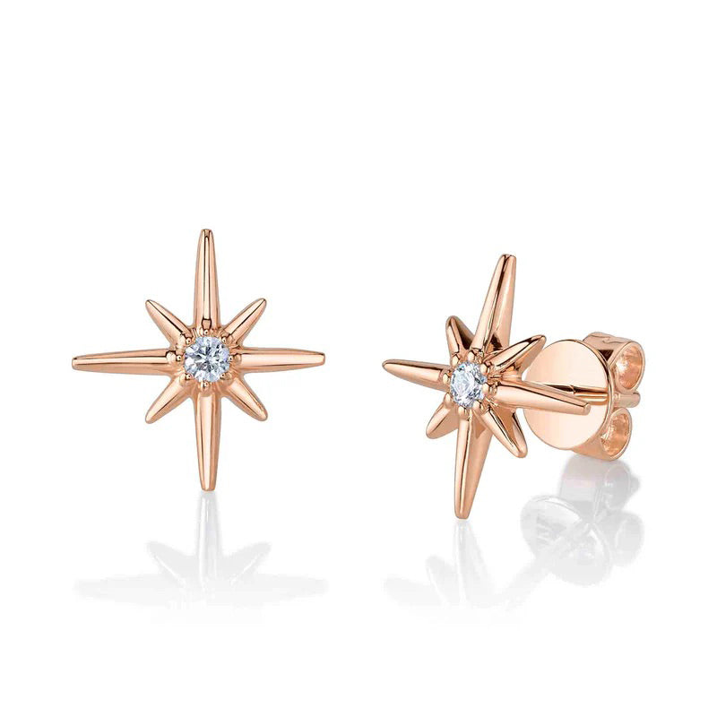 0.07ct Round Brilliant Cut Diamond North Star Stud Earrings in 14k Rose Gold