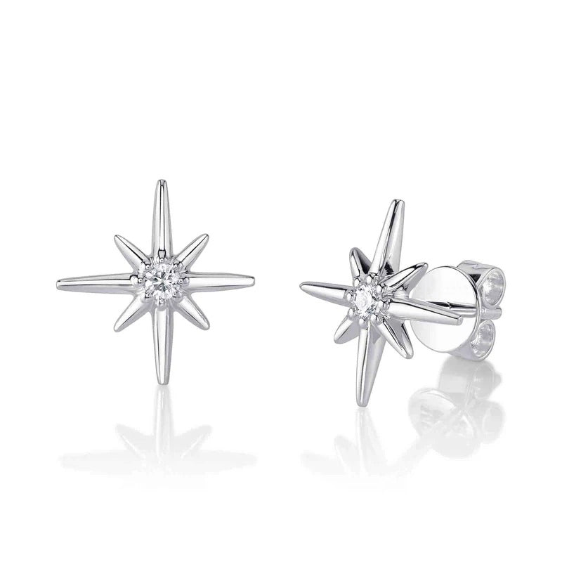 0.07ct Round Brilliant Cut Diamond North Star Stud Earrings in 14k White Gold