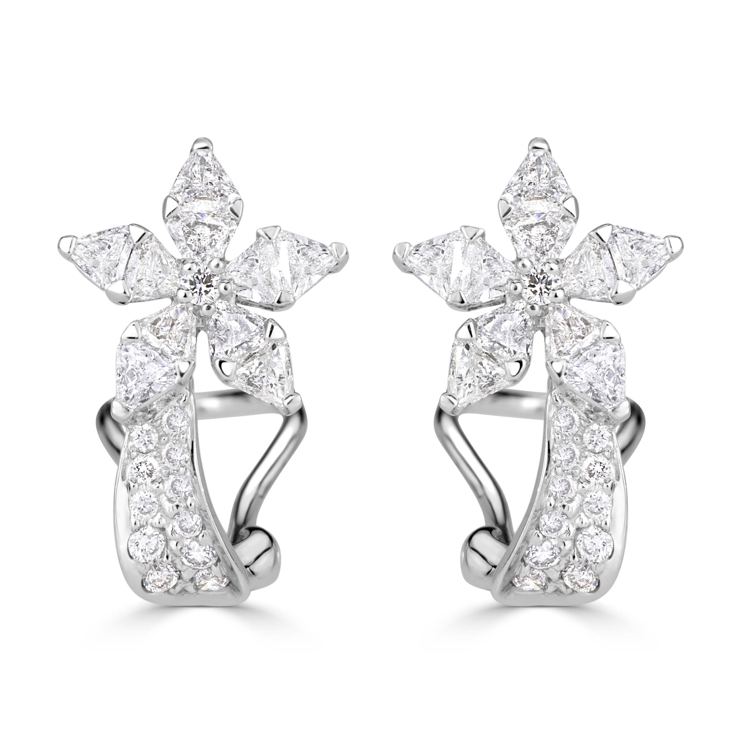 1.40ct Trillion and Round Brilliant Cut Flower Earrings in 18K White Gold