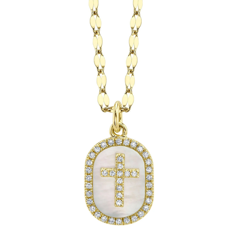 0.11ct Round Brilliant Cut Diamond and Mother of Pearl Cross Necklace