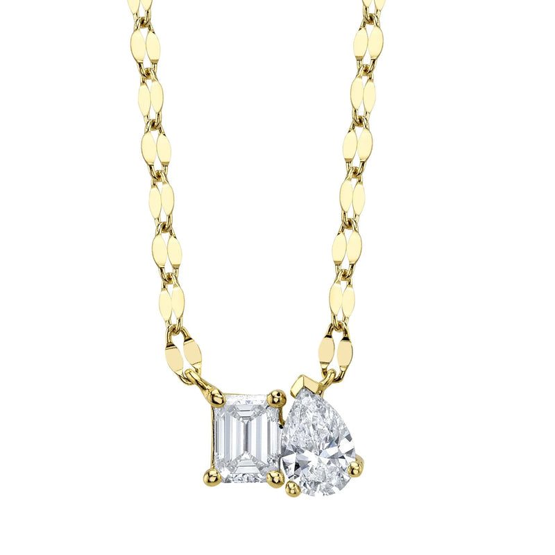 0.42ct Emerald Cut and Pear Shaped Diamond Toi Et Moi Necklace