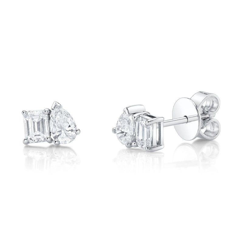 0.84ct Emerald Cut and Pear Shaped Diamond Toi Et Moi Stud Earrings