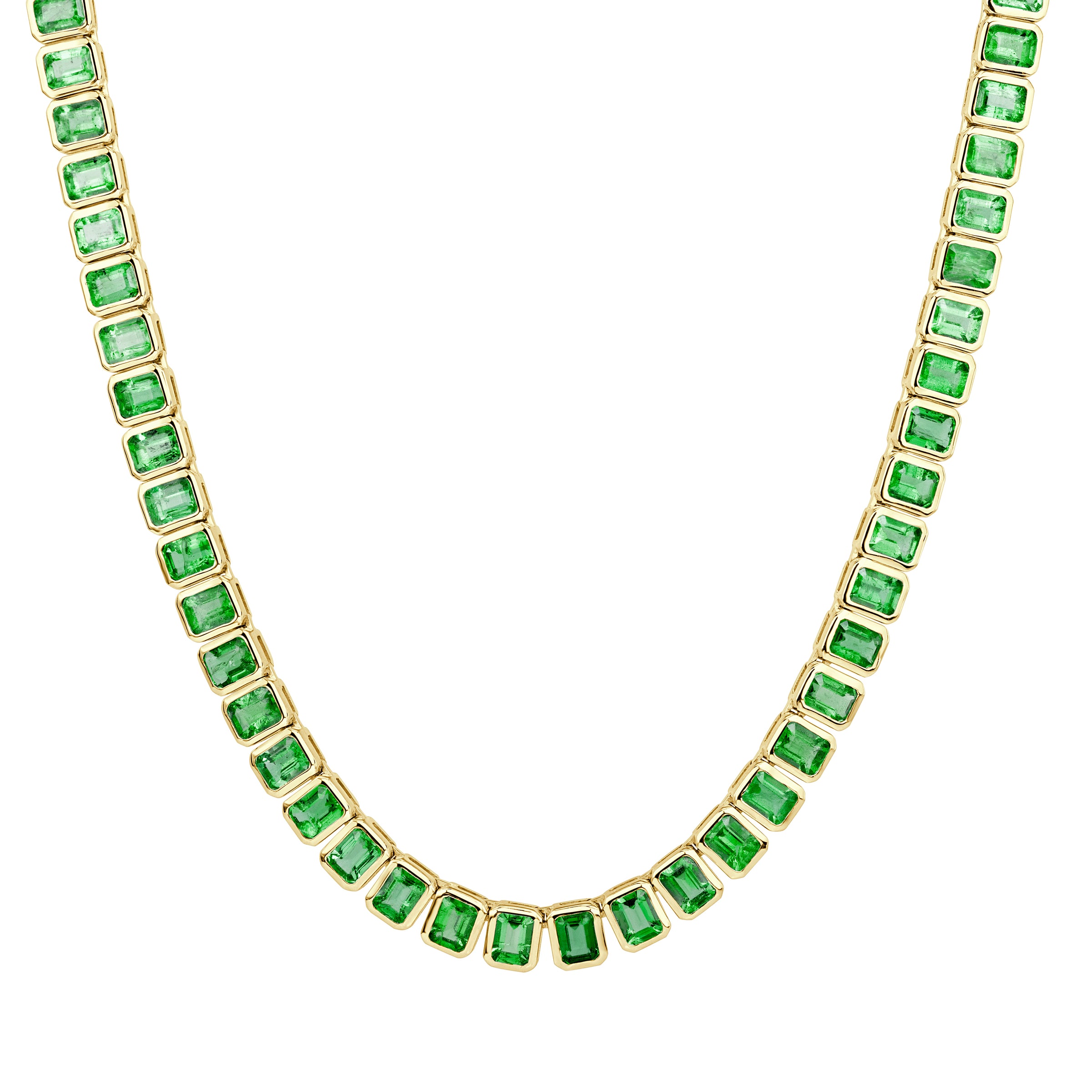 12.52ct Emerald Cut Green Emerald Bezel Set Tennis Necklace