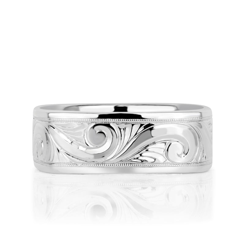 Scroll Engraved Square Men's Wedding Band 7.5mm
