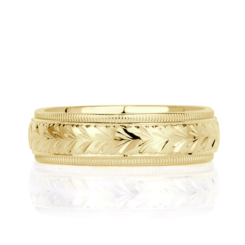 Leaf Engraved Milgrain Edge Men's Wedding Band 6mm