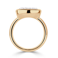 front view of Oval lab diamond ring, bezel set horizontally with 4mm polished band. 
