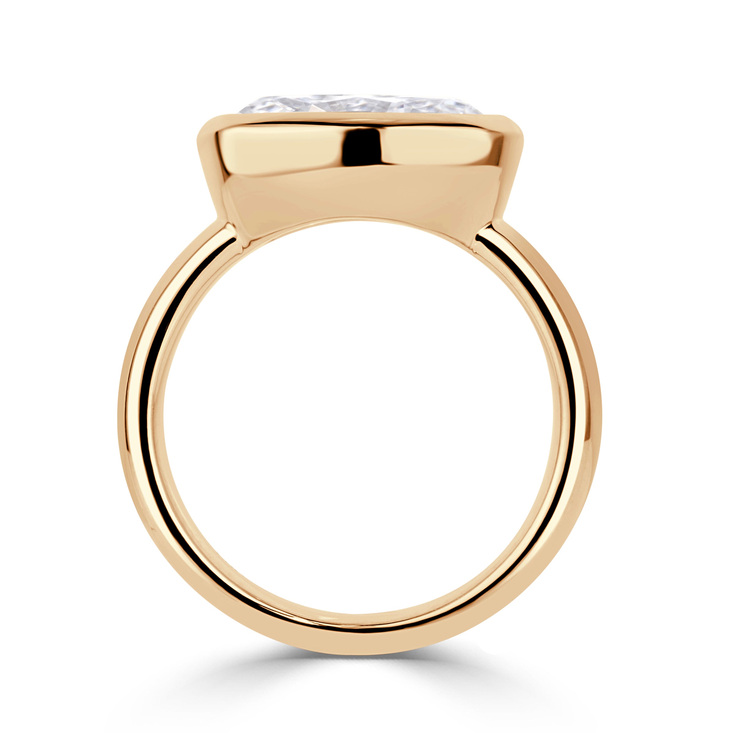 front view of Oval lab diamond ring, bezel set horizontally with 4mm polished band. 