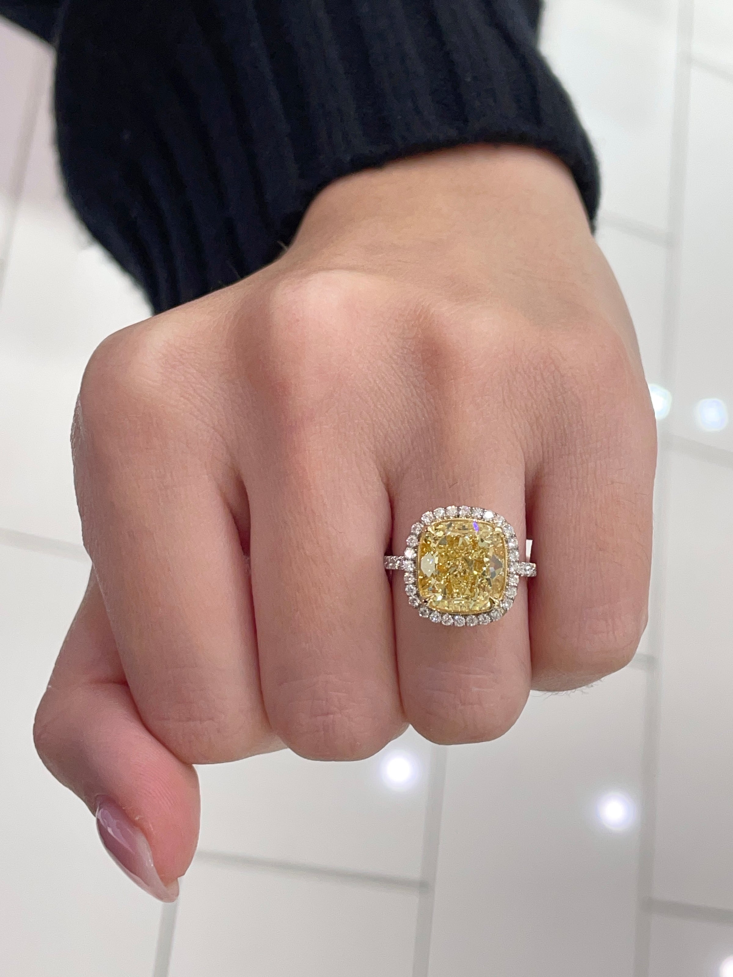 6.92ct Fancy Yellow Cushion Cut Diamond Engagement Ring