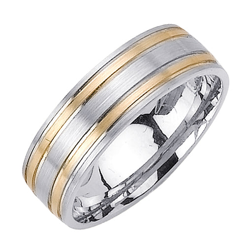 Handmade Men's Two-Tone Satin Finish Wedding Band in 18k White and Yellow Gold 7.0mm
